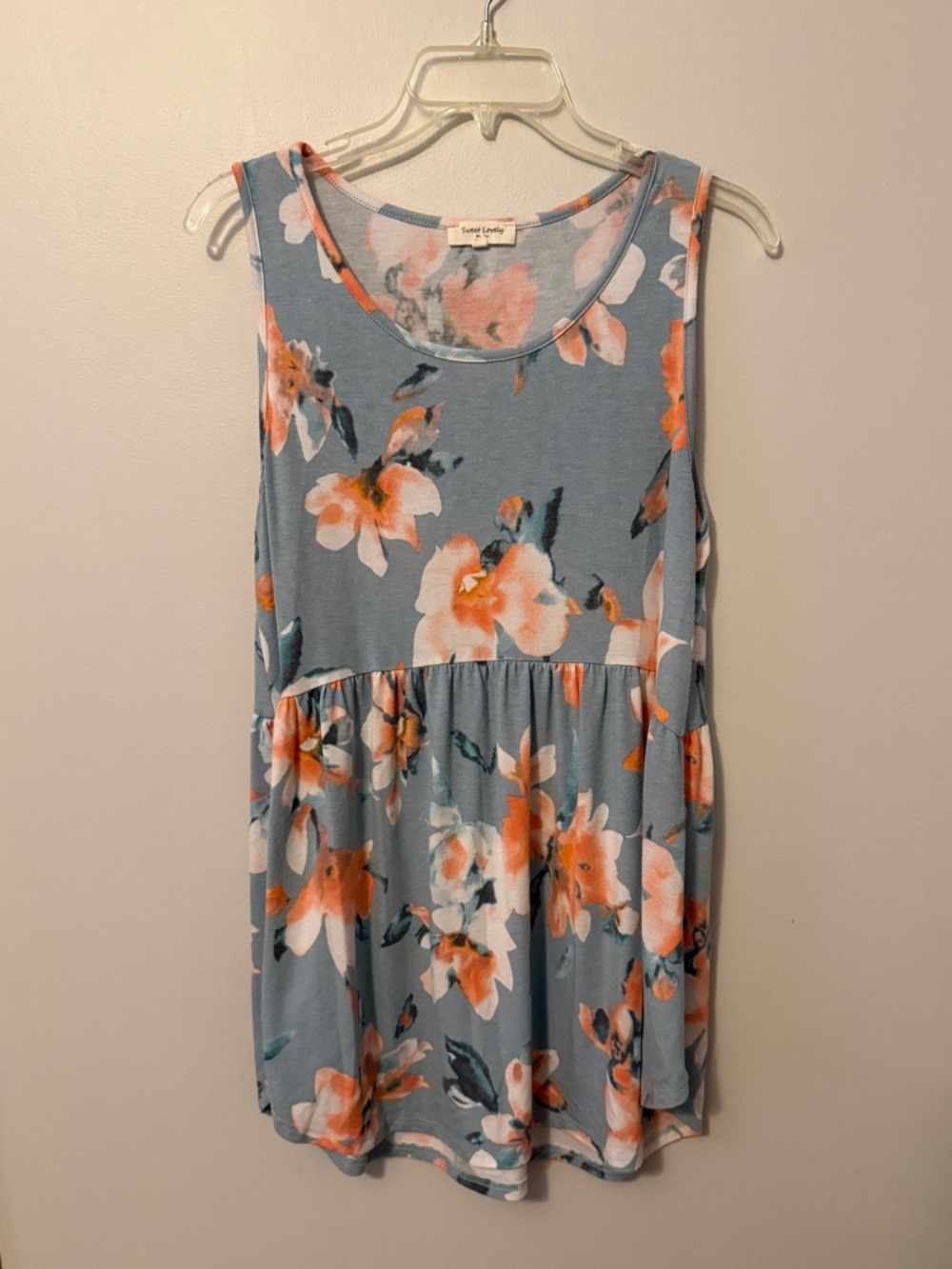 Sleeveless Floral Babydoll Tank Top - Blue with Peach & White Flowers